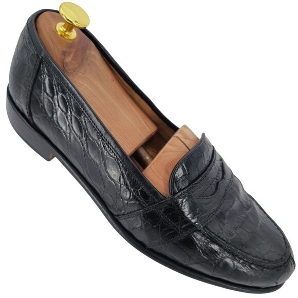 Zelli Tuscany Exotic Black Caiman Crocodile Dress Shoes Men 9 Penny Loafer Italy - Picture 1 of 13